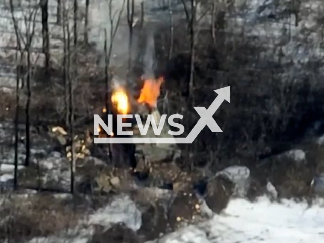 Russian self-propelled artillery system burns among trees in Ukraine in undated footage. The footage was released by the 59th brigade of the Ukrainian Ground Forces on Friday, Feb. 10, 2022.Note: Picture is screenshot from a video. (@59ompbr/Newsflash)