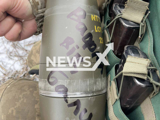 Picture shows a rocket for Ukrainian mortar with the words "Waffle from Bali" on it in Ukraine in undated footage. The footage was released by the State Border Service of Ukraine on Monday, Feb. 13, 2022. Note: Picture is obtained from the State Border Service of Ukraine (@DPSUkr/Newsflash)