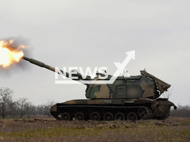 Russian Msta-S self-propelled guns fire at the Ukrainian military positions in Ukraine in undated footage. The footage was released by the Russian MoD on Tuesday, Feb. 14, 2023.
Note: Picture is screenshot from a video. (Ministry of Defense of Russia/Newsflash)