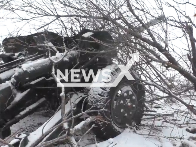 Picture shows DPR MT-12 Rapira anti-tank gun in Ukraine in undated footage. The footage was released by the People's Militia of the DPR on Monday, Feb. 13, 2022. Note: Picture is a screenshot from a video (@nm_dnr/Newsflash)