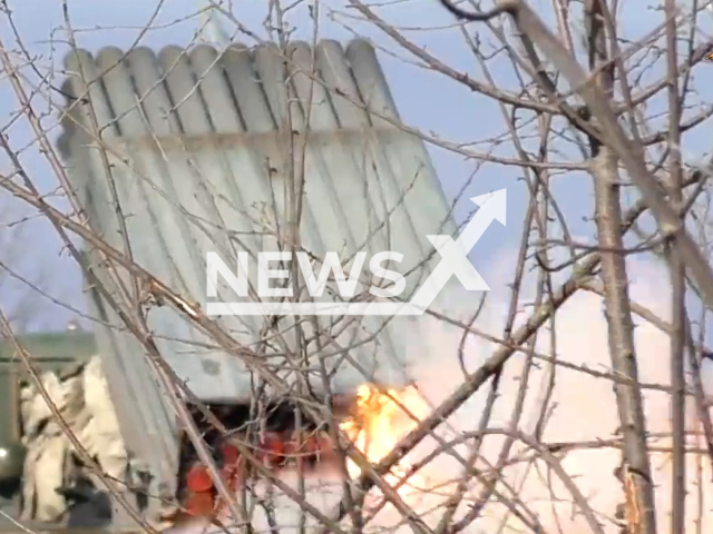 DPR BM-21 "Grad" multiple rocket launcher system shoots in Ukraine in undated footage. The footage was released by the People's Militia of the DPR on Sunday, Feb. 12, 2022. Note: Picture is a screenshot from a video (@nm_dnr/Newsflash)