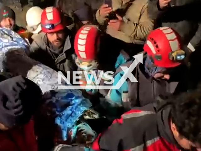 Emergency services rescue a woman named Ceylan 140 hours after the earthquake, in Hatay, Turkey, in undated footage. Thousands of people have been left injured as a result of the earthquake. Note: Picture is screenshot from a video. (@mansuryavas06/Newsflash)