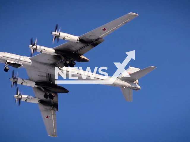 Russian turboprop-powered nuclear bombers fly over the Chukchi and Okhotsk Seas in undated footage. The footage was released by the Russian MoD on Wednesday, Feb. 15, 2023.
Note: Picture is screenshot from a video. (@mod_russia/Newsflash)