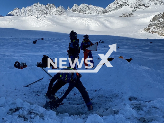 Image shows police crews from the Canton Police Valais discover the remains of a 32-year-old Englishman, undated photo. He was reported missing on the Grand Combin mountain massif, in Valais, Switzerland, on Dec. 31, 1974. Note: Photo is a screenshot from a video. (Canton Police Valais/Newsflash)