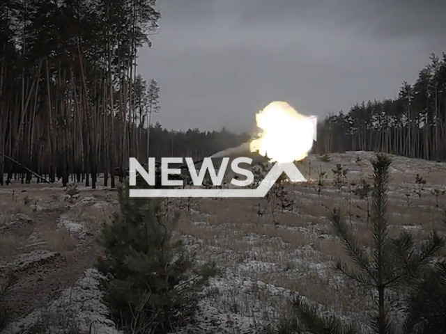 Ukrainian tank shoots in Ukraine in undated footage. The footage was released by the OC East of the Ukrainian Ground Forces on Thursday, Feb. 16, 2022. Note: Picture is screenshot from a video. (@EastOC/Newsflash)