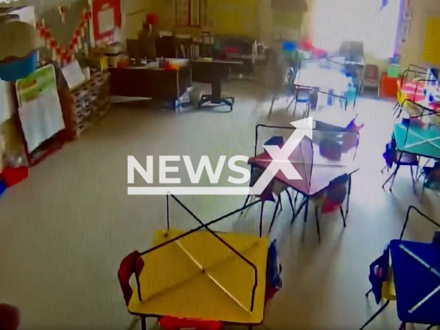 A deer crashes through classroom window at a school in Evergreen, Alabama, USA, on Saturday, Feb. 11, 2023. The staff discovered it on Monday, Feb. 13, 2023. Note: Picture is screenshot from a video. (Evergreen Elementary School/Newsflash)