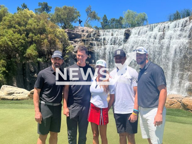 Picture shows Sara King, center, with NFL quarterbacks Aaron Rodgers, Tom Brady (retired) Patrick Mahomes and Josh Allen, undated. She allegedly used company funds for her personal use. Note: Photo from CENTRAL DISTRICT OF CALIFORNIA. (CENTRAL DISTRICT OF CALIFORNIA COURT/Newsflash)