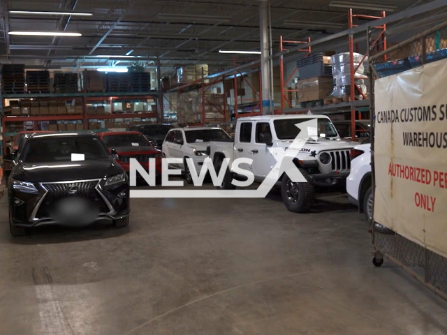 Picture shows some of the stolen vehicles that were found in the Republic of Malta, in undated footage. The York Regional Police repatriated the vehicles back to Canada. Note: Picture is screenshot from a video. (@OfficialYRP/Newsflash)