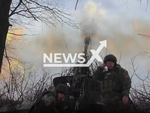 DPR artillerymen shoot at Ukrainian positions using 152 mm 2A65 Msta-B howitzer in Ukraine in undated footage. The footage was released by the People's Militia of the DPR on Thursday, Feb. 16, 2022. Note: Picture is screenshot from a video. (@nm_dnr/Newsflash)