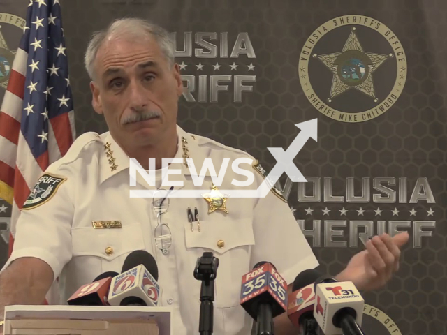 Sheriff Mike Chitwood provide a media briefing on the tragic death of a 3-year-old boy who shot himself with a handgun found in his parents' bedroom, on Nectarine Road in the Daytona Park Estates neighborhood of DeLand, Florida, USA, Wednesday, Feb. 15, 2023. The initial investigation indicates the 3-year-old was home with his 16-year-old sister and 7-year-old brother while their parents were at Publix. Note: Picture is a screenshot from a video (@VolusiaSheriff/Newsflash)