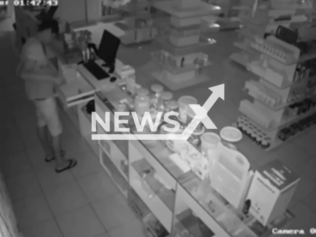 A man, 21,  stealing at a pharmacy  in Caracarai, Brazil, on Tuesday, Feb. 14, 2023. He  masturbated and stole a a laptop before leaving Note: Picture is a screenshot from a video (Newsflash)