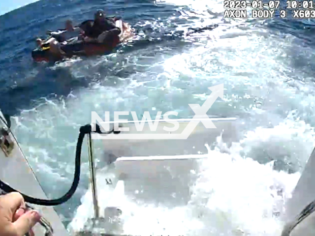 Picture shows a Marine Patrol deputy's point of view during the rescue of stranded boaters a few miles offshore near the Hillsboro Inlet, on Saturday, Jan. 7, 2023. The rescue was a success and was carried out by two Marine Patrol deputies, Daniel Rocha and Jay Dunnin. Note: Picture is a screenshot from a video (@BrowardSheriffsOffice/Newsflash)