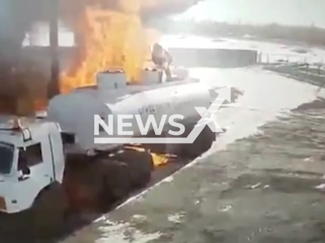 An explosion occurs at a gas station in Kokshetau, Kazakhstan, Thursday, Feb. 16, 2023. A man burned to death as a result of the explosion.Note: Picture is screenshot from a video. (Newsflash)