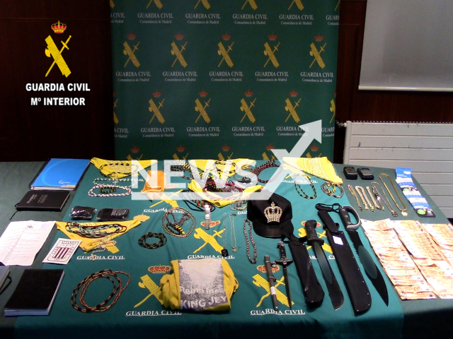 Picture shows items seized by police, undated. Police arrest of 16 members, including the founder of a faction of the Latin Kings in Spain, in Operation Torcidos, in Madrid and Galapagar, Spain. Note: Police photo. (Newsflash)