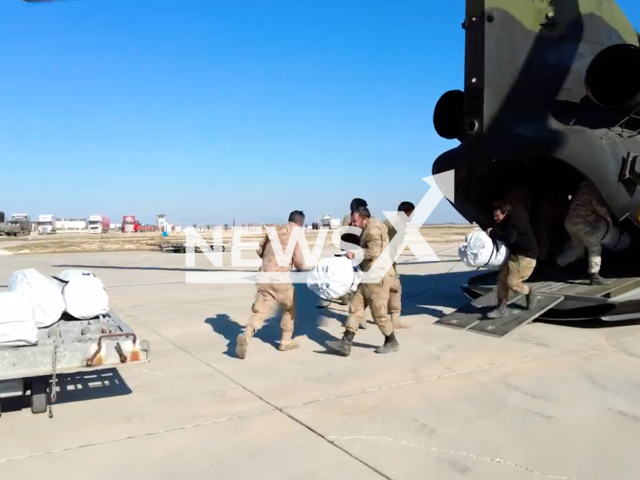 Aircraft and helicopters of Turkish Armed Forces deliver aids to citizens in Turkey, undated. A 7.7-magnitude earthquake struck the district of Pazarcik in Kahramanmaras Province at 4.17am on 6th February 2023. Note: Picture is screenshot from a video. (@TCMilliSavunmaBakanligi/Newsflash)