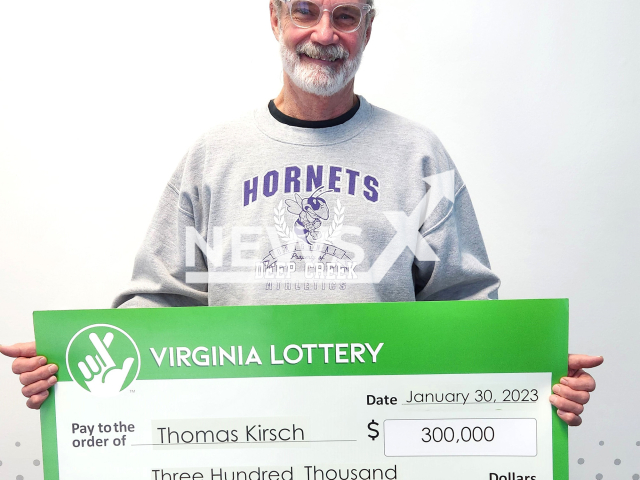 Thomas Kirsch from the city of Norfolk, in Virginia State, USA, poses in undated photo. He won USD 300,000 (GBP 248,082) on the lottery on Jan. 30, 2023. Note: Licensed content. (Virginia Lottery/Newsflash)