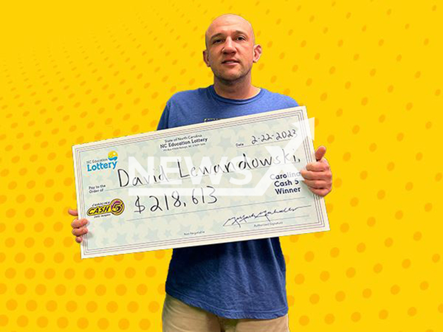 David Lewandowski from the town of Mooresville, in Iredell County, North Carolina, USA, poses in undated photo. He won USD 218,613 (GBP 181,391) on the lottery on Monday, Feb. 20, 2023. Note: Licensed content. (North Carolina Education Lottery/Newsflash)