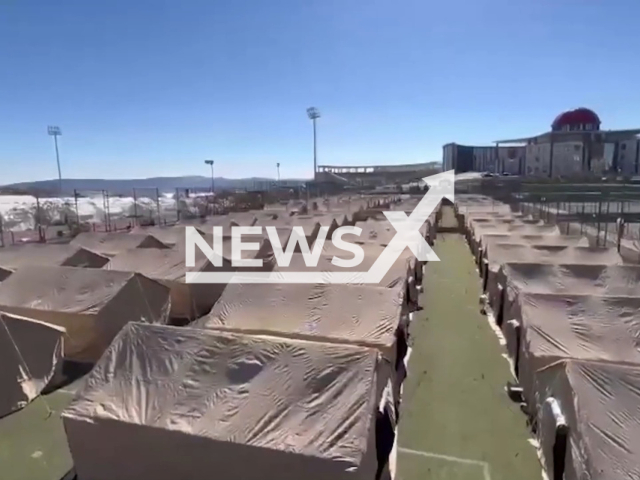 The numerous tents set up by the The Ministry of Foreign Affairs of Azerbaijan in Kahramanmaras Province, Turkey, undated. At least 43,556 people have died in the magnitude 7.7 and 7.6 earthquakes that hit Turkey on 6th February. Note: Photo is a screenshoot from video(Ministry of Emergency Situations/Newsflash)