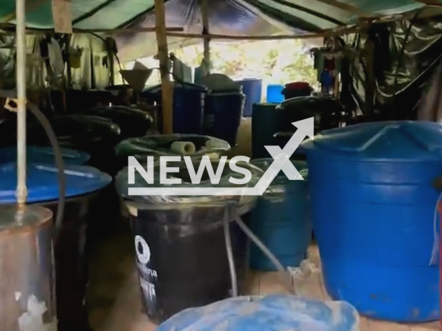 Picture shows the cocaine processing laboratory, in the jungle of Sucumbios, Ecuador, undated. The laboratory had a production capacity of approximately two tons per month and accommodation capacity for an estimated 25 or 30 people. Note: Picture is screenshot from a video. (@EjercitoECU/Newsflash)