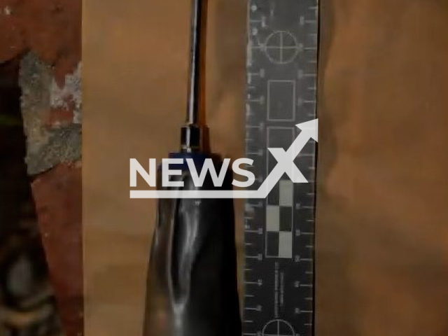 A photo of the metal screwdriver Trinidad Velasco, 46 had as a weapon when LA police officers shot him at the 14000 block of Crystal Lantern Drive, in the Unincorporated area of Hacienda Heights, Los Angeles County, California on the 1st of April, 2022. Note: Picture is screenshot from a video. (Los Angeles County Sheriff's Department/Newsflash)