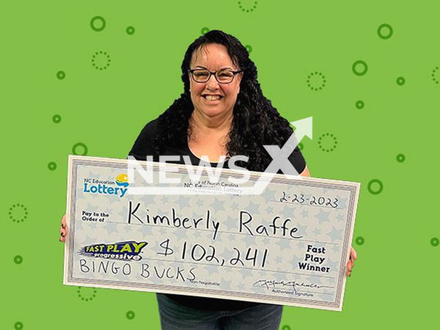 Kimberly Raffe from the city of High Point, in North Carolina State, USA, poses in undated photo. She won USD 102,241 (GBP 85,545) on the lottery on Thursday, Feb. 23, 2023. Note: Licensed content. (North Carolina Education Lottery/Newsflash)