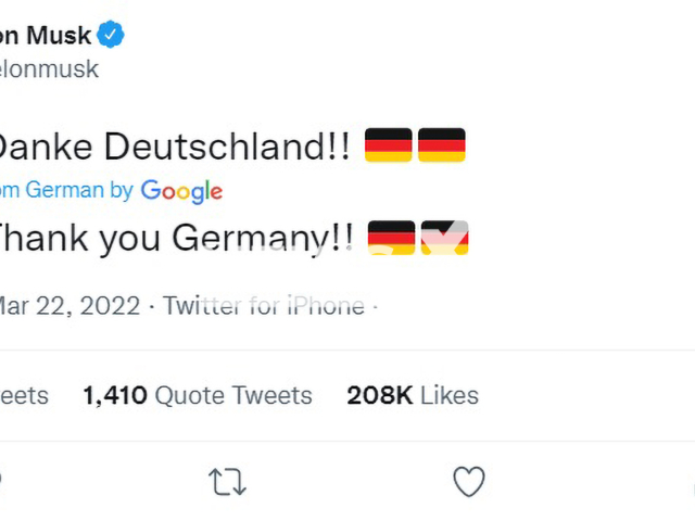 The Twitter post of Elon Musk, who thanks Germany for the Tesla giga factory in Berlin. Note: Photo is a screenshot from a Twitter post. (Newsflash)