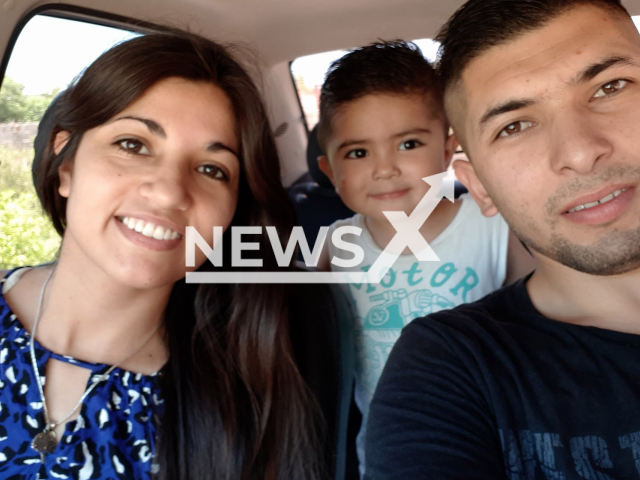 Micaela Corvalan, 29, her ex Roman Gutierrez, and their son, 7, pose in undated photo. The police officer killed her then committed  suicide in front of their son in Ojo de Agua, , Argenina, 
Note: Private photo.  (Newsflash)