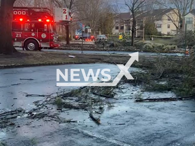 Picture shows the damage caused by severe storms in Lawrence Township, New Jersey, in undated footage. According to Mercer County officials, a tornado touched down in the area of Village Road and Quakerbridge Road as well. Note:Picture is screenshot from a video. (Lawrence Township NJ Police Department/Newsflash)