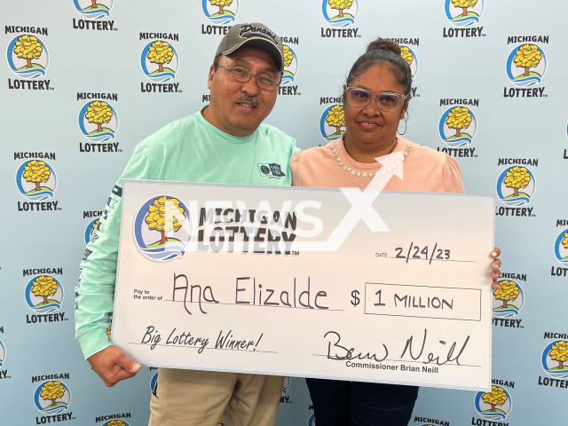 Ana Elizalde, 51, and her husband pose in undated photo. She won USD 1 million (GBP 827,800) on the lottery in the city of Lansing, Michigan State, USA, on Feb. 24, 2023. Note: Licensed content. (Michigan Lottery/Newsflash)