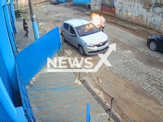 His wife's  boss  sets Fabricio Alves de Araujo   on fire  in Maua, Brazil, on Friday, Feb. 24, 2023. He had burns over 80% of his body, and died, he and his wife's  boss fought the day before the attack over money. Note: Picture is a screenshot from a video (Newsflash)