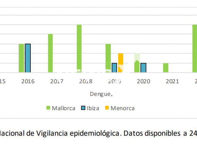 Graph shows the cases of Dengue fever in Mallorca, Ibiza, Menorca, Spain, from 2015 to 2022, undated.  Germany has confirmed in  February, 2023, up to six German tourists would have been infected with the disease last summer during their vacations on the Balearic island of Ibiza. Note: Government photo.  (Ministerio de Sanidad de Espana/Newsflash)