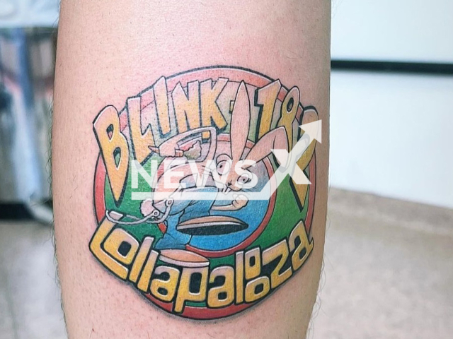 Picture shows the tattoo on Big Brother winner Brazil  Rafinha,   undated. He got a tattoo for the band Blink-182, that was supposed to have a  performance at Lollapalooza but it was cancelled.
Note: Private photo.  (@rafinhadiz/Newsflash)