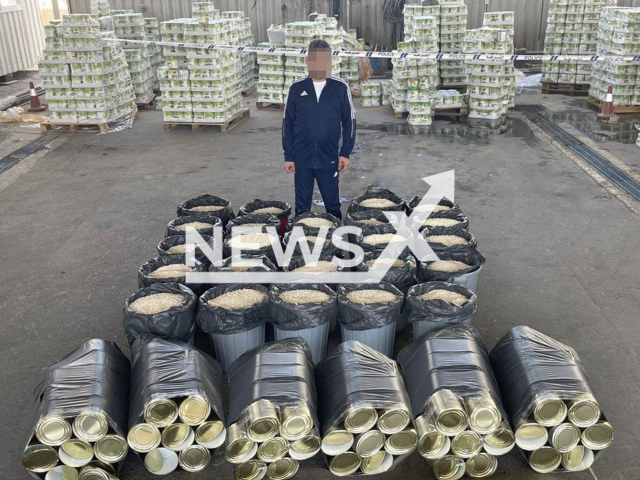 Photo shows 4.5 million Captagon pills and a man suspected of attempting to smuggle them into UAE, undated. The drugs were discovered inside tins labeled as green beans and for which the suspect had completed the necessary import paperwork, he said. Note: Photo is from the Abu Dhabi police (@ADPoliceHQ/Newsflash)