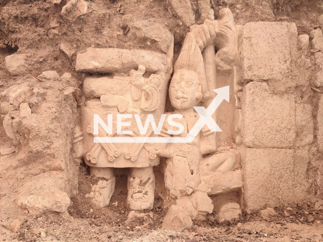 Picture shows the stucco scene depicting the subjugation of a captive discovered in the upper part of the Ek' Balam Acropolis, Mexico, undated.
 In the scene, ruler can be seen, who wears a skirt decorated with crossed bones, taking a male character by the hair.
Note: Licensed photo.  (INAH/Newsflash)