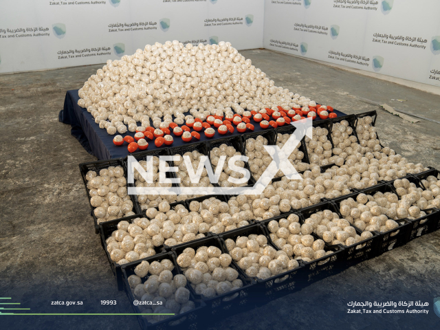 Photo shows 2,015,116 Captagon tablets hidden in tomatoes and were to be smuggled into Saudi Arabia on Friday, March 3, 2023. The tablets were found during a routine inspection of one of the vehicles carrying Tomatoes and Pomegranate. Note: Photo is from The Zakat, Tax and Customs Authority of Saudi Arabia (The Zakat, Tax and Customs Authority of Saudi Arabia/Newsflash)