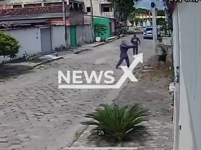 A police officer shoots  Eduardo Reboucas Barros, 17,   after he surrendered and was   handcuffed Pedro Canario, Brazil, on Wednesday, March, 1, 2023. Five police officers were arrested in connection to the case. Note: Private photo.  (Newsflash)