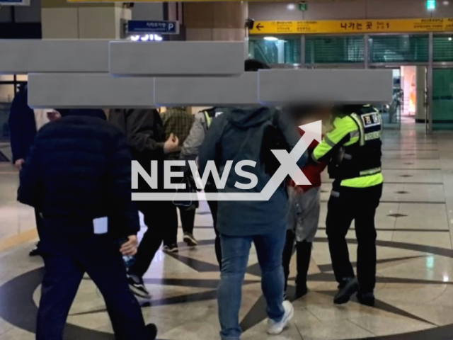 Picture shows the suspect being arrest, in Yongin, South Korea on Friday,  March, 3, 2023. The  37-year-old woman is under investigation for stabbing three people on a train after someone referred to her as 'ajumma' a term used for married or middle-aged woman. Note: Private photo.  (Newsflash)