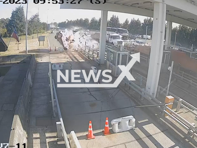 Car flips after it  crashed into a toll at 200 kilometres per hour in Purranque, Chile, on Thursday, March, 2, 2023. The driver  Julio Urrea Diaz, 21, died. Note: Picture is screenshot from a video. (Newsflash)