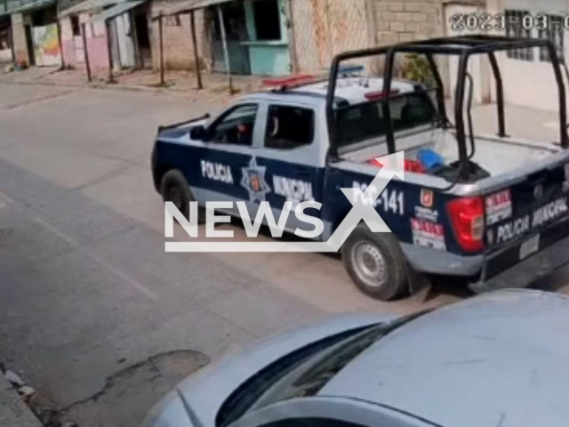 A dog allegedly tied to a police vehicle runs as the vehicle speeds on the road in Tuxtla Gutierrez, Chiapas, Mexico, undated. A taxi driver who reportedly recorded the incident was arrested. Note: Picture is screenshot from a video. (Newsflash)