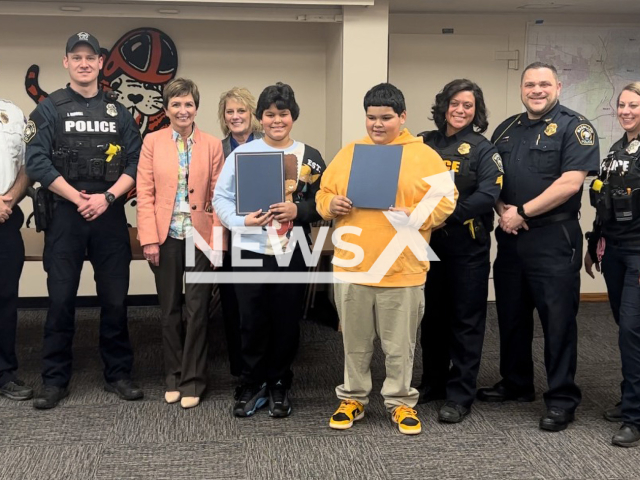 Photo shows the twins Jordan and Jermel Taylor, 11, undated. They leaped into action in February 2023 when their mother, Crystal Thompson, experienced an "incapacitating medical emergency" while traveling on an Ohio highway. Note: Photo is from the City of Massillon-City Hall (@CityofMassillonOhio/Newsflash)