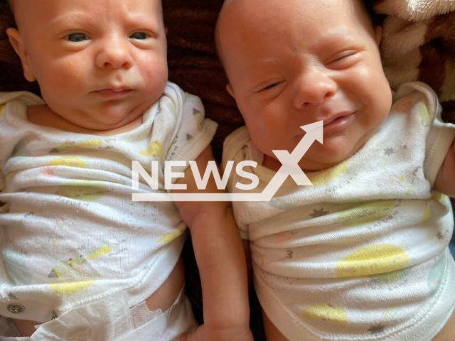 Picture shows the twins  45-days old, undated. Their mother Sofia Rodriguez, had to take  her children to the police so that they could take their fingerprints and be able to identify them after taking them to get a vaccine and  not knowing which baby is which in March, 2023. 
Note: Private photo.  (@sofiar388/Newsflash)