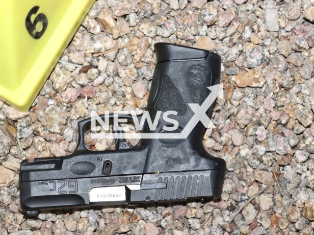 Picture shows the handgun used by a suspect in an officer-involved shooting, undated. The officer-involved shooting occurred at 23rd Ave and Glendale, in Phoenix, Arizona, on Wednesday, Feb. 22, 2023. Note: Photo from police. (@phxpd/Newsflash)