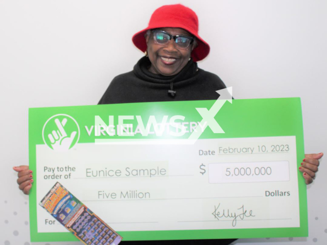 Eunice Sample poses with her lottery wining check undated. She won the lottery and had the option of taking USA 5 million prize over 30 years or a one-time cash option of USD 3125000  she chose the latter. Note: Licensed photo.  (Virginia Lottery/Newsflash)