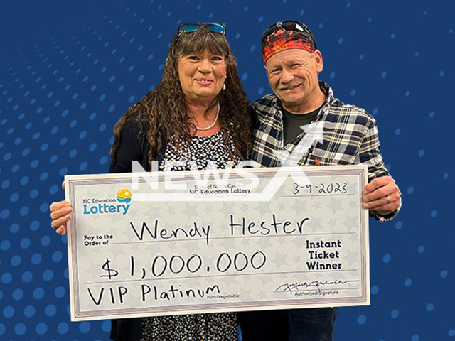 Wendy Hester from the town of Leland, Brunswick County, North Carolina, USA, poses in undated photo. She won USD 1 million (GBP 826,610) on the lottery in March 2023. Note: Licensed content. (North Carolina Education Lottery/Newsflash)