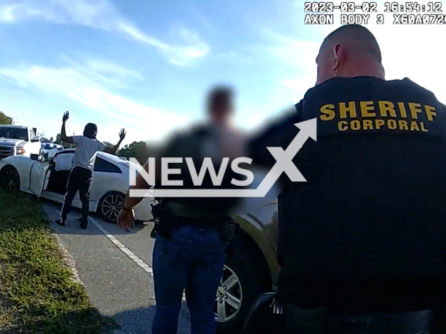 Police officers arrest the suspect  Richard Harris in Indian River County, Florida, USA on March 2, 2023. Harris is currently being held on a $530,000 bond at the Indian River County Jail. Note: The picture is a screenshot from a video. (IRCSheriff/Newsflash)