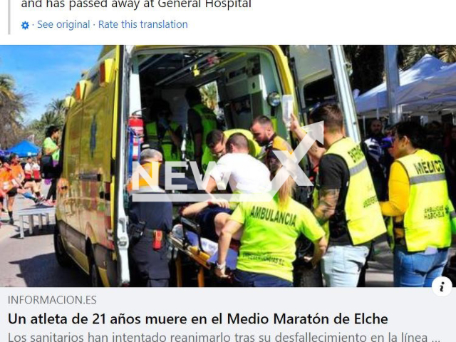 A 21-year-old man being put on a stretcher by ambulance crew in Elche,  Spain, on Sunday, March 12, 2023. He collapsed  after crossing the finish line of the Elche Half Marathon, considered the oldest in the world, he was treated as soon as possible by the medical services and was urgently transferred to a hospital, where he died.  Note: Photo is a screenshot from a post. (Newsflash)