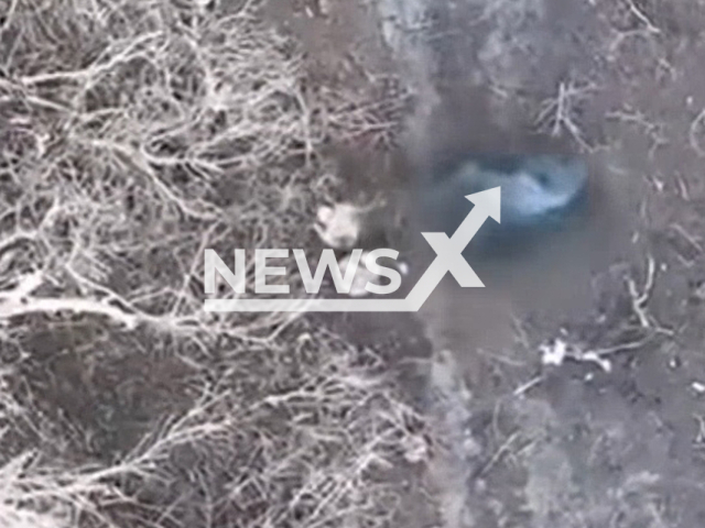 Ukrainian drone bomb explodes near Russian soldiers in Ukraine in undated footage. The footage was released by the 68th Brigade of the Ukrainian Ground Forces on Friday, Mar. 10, 2023. Note: Picture is a screenshot from a video (@68brigade/Newsflash)