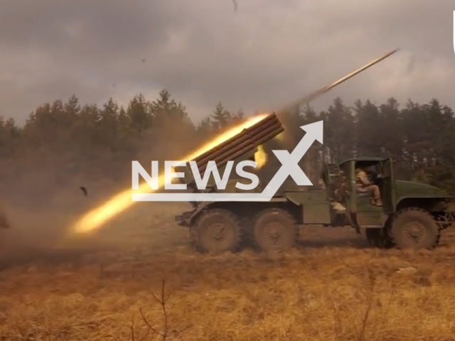 Ukrainian artillerymen shoot BM-21 "Grad" multiple rocket launcher at Russian positions in Ukraine in undated footage. The footage was released by the 95th Brigade of Ukrainian Air Assault Forces on Monday, Mar. 13, 2023.  Note: Picture is screenshot from a video. (@95BRIGADE/Newsflash)