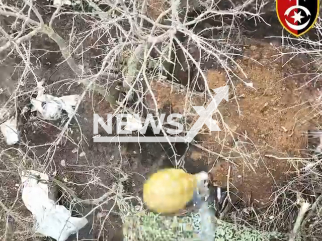 Ukrainian drone bomb falls on camouflaged Russian trench in Bakhmut, Donetsk region, Ukraine in undated footage. The footage was released by the 30th brigade of the Ukrainian Ground Forces on Monday, Mar. 13, 2023. Note: Picture is screenshot from a video (@omb_30/Newsflash)