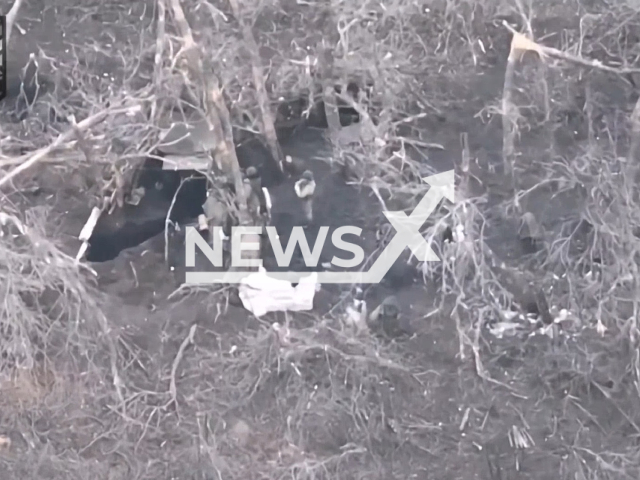 Picture shows a group of Russian soldiers among trees in Ukraine in undated footage. The footage was released by the 66th brigade of the Ukrainian Ground Forces on Monday, Mar. 13, 2023. Note: Picture is a screenshot from a video (@66ombr/Newsflash)